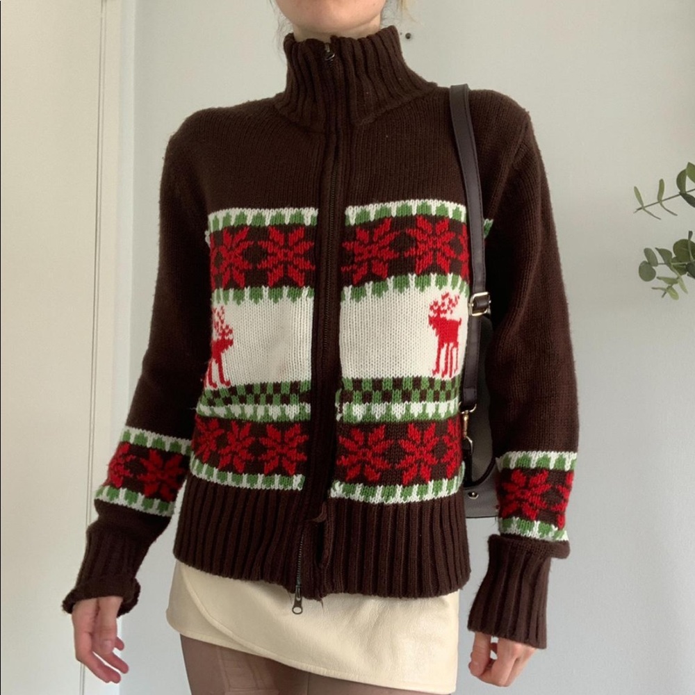 Brown Winter Zip Up Knit Sweater